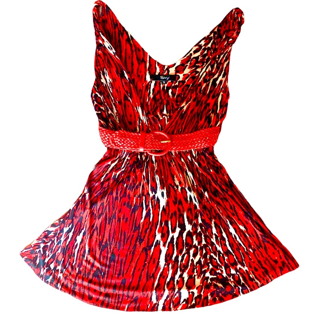 SKY ❌SOLD❌BRAND RED 100% SILK SEXY TOP MINI DRESS TUNIC WITH  LEATHER BELT